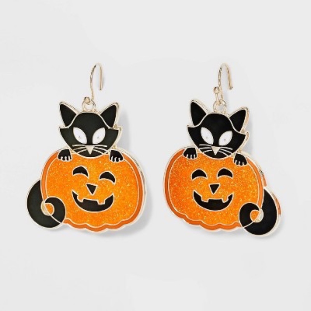 New Spooky Glow in Dark Black Cat in Pumpkin Jack o Lantern Nickel Free Earrings